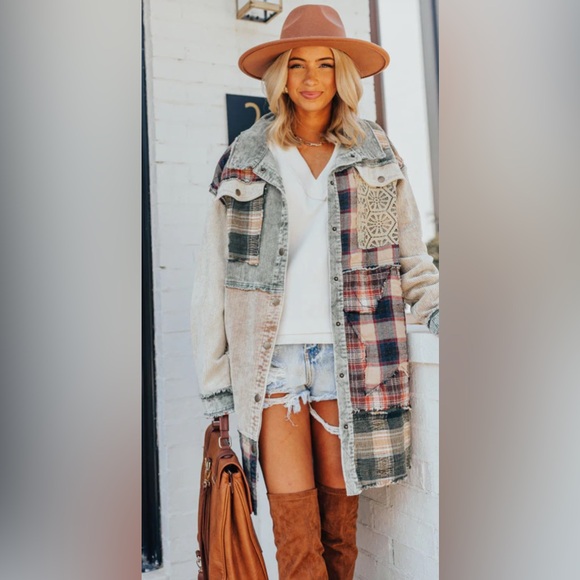 OLI & HALI Fireside Comfort Corduroy Patchwork Jacket Star Shacket Olive M - Picture 3 of 16